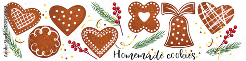 set of homset of homemade heart-shaped cookies, jingle bells for Christmas, decorated with icing. Elements of festive pastries. stock vector illustration. EPS 10.