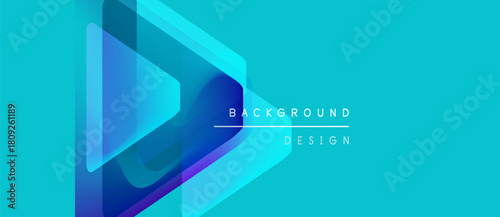 Abstract geometric shapes overlap, creating vibrant blue gradients on turquoise backdrop. Text reads background design. Minimalist style.