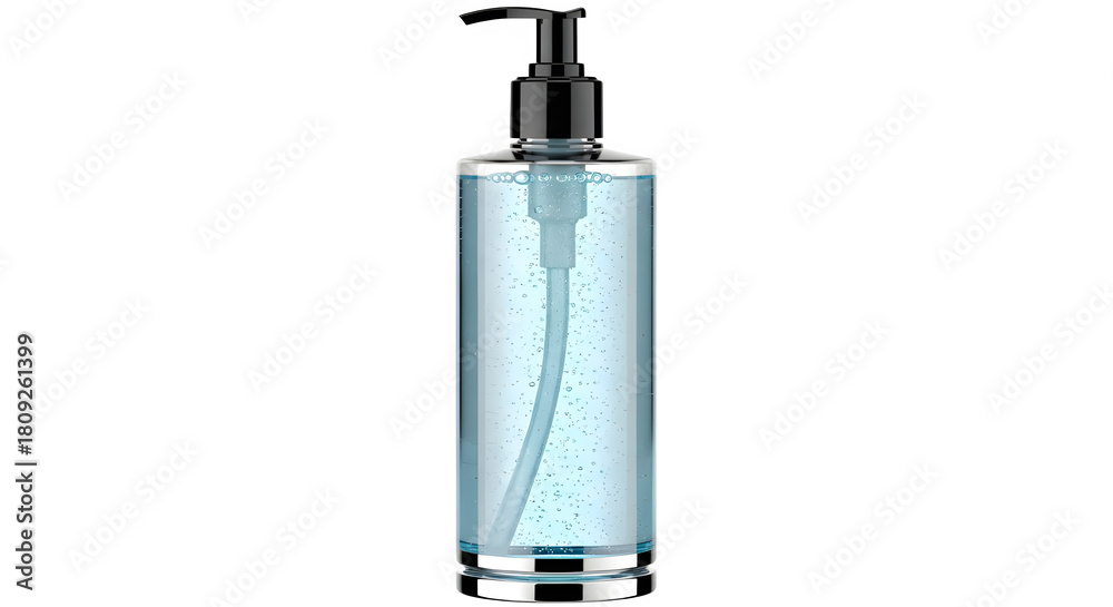 Obraz premium Clear bottle with pump dispenser containing blue liquid on black background