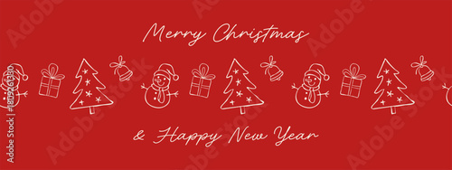 Minimalist Christmas banner with hand-drawn white holiday icons and festive lettering on a bright red background