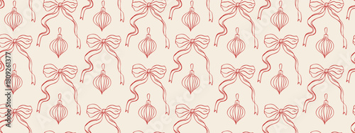 Seamless pattern with hand-drawn Christmas bows and ornaments in red outline on a soft beige background, creating a festive elegant holiday design