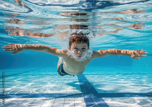 Young boy joyfully swimming underwater in a clear blue pool, blowing bubbles