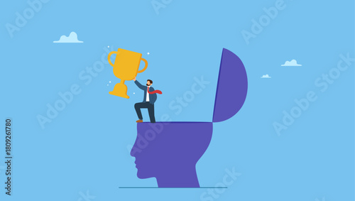 Success businessman holding winning trophy standing in his mindset head. Success mindset, positive attitude to succeed, motivation or optimistic for self development, believe or confidence.