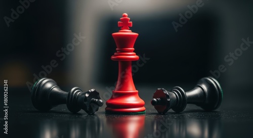 Red chess king dominates defeated black queens in a strategic victory symbolizing leadership and success