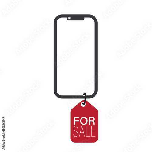 Isolated phone icon with red price tag labeled “FOR SALE”, symbol of smartphone sale, gadget available on market.