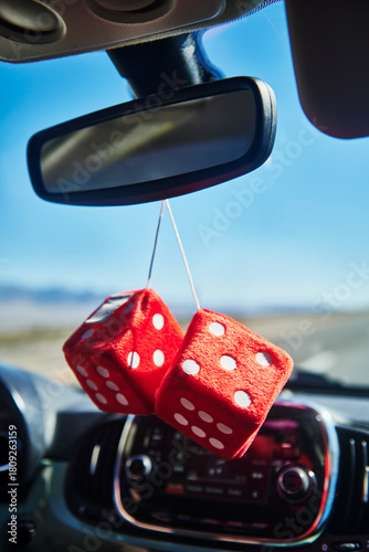 red fuzzy dice hanging off the rear view mirror 
