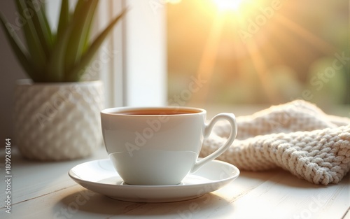 Wallpaper Mural Bright and warm coffee scene, white porcelain cup on saucer, soft golden sunlight streaming through window, cozy knit fabric, light wooden table texture, blurred aloe plant, minimalist Scandinavian st Torontodigital.ca