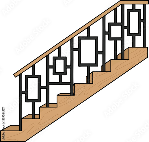 Geometric Vector Stair Railing Illustration – Modern Black Square Pattern Balusters and Wooden Handrail