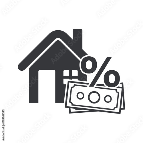 Isolated mortgage pictogram icon showing a house, money, and a percent symbol, representing home loans, interest rates, and financing.