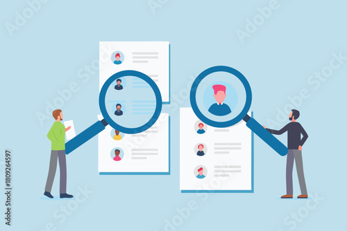 Recruitment process and job search with magnifying glass and candidate profiles