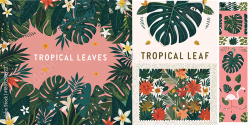 Tropical foliage and floral pattern collage with pink background