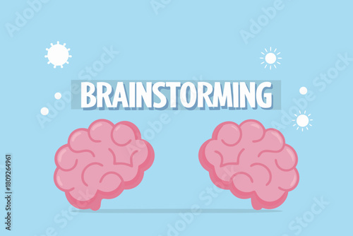 Brainstorming concept with two brains and idea sparkles on blue background