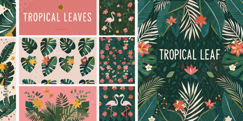 Collection of tropical leaves flowers and flamingo patterns in a collage style