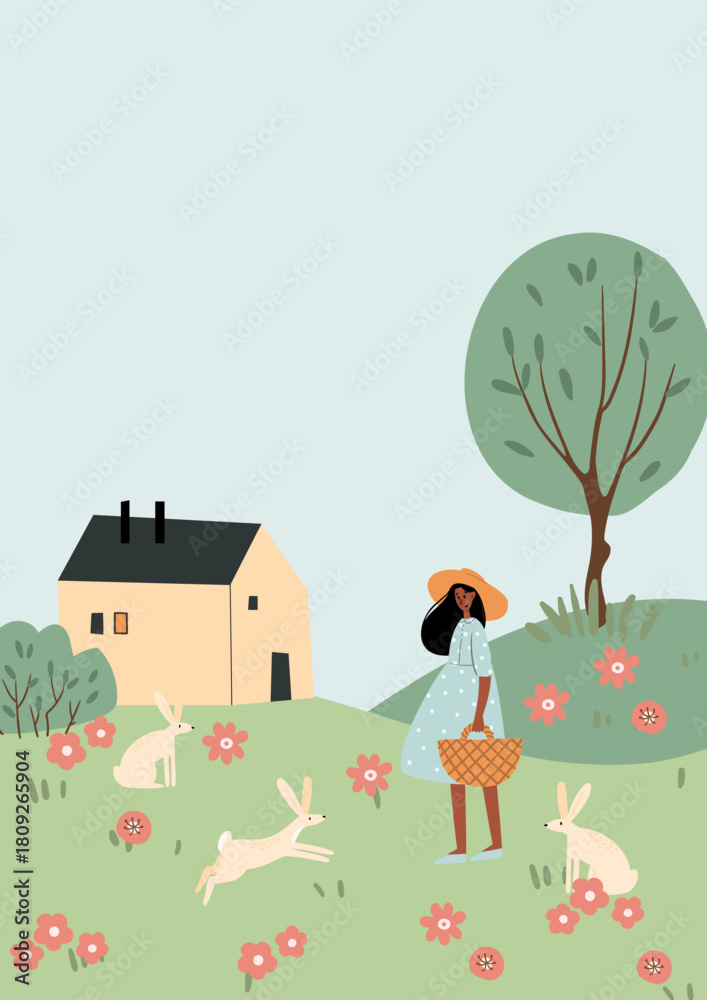 Fototapeta premium Illustration of girl near house with two hares on meadow surrounded by flowers, bushes and trees, showing youth character in warm countryside clipart setting with gentle summer nature. Flat vector art