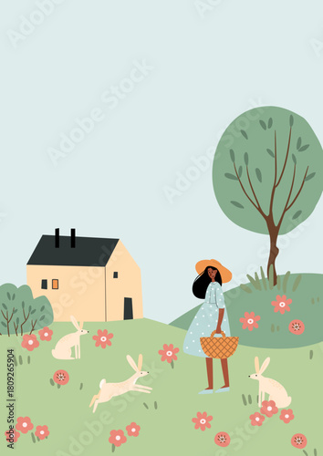 Illustration of girl near house with two hares on meadow surrounded by flowers, bushes and trees, showing youth character in warm countryside clipart setting with gentle summer nature. Flat vector art