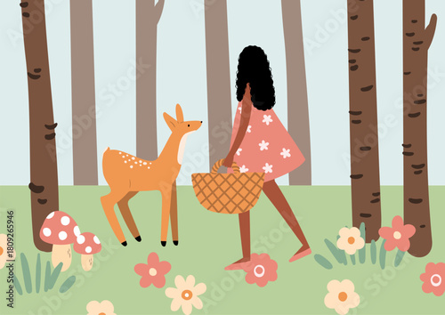 Illustration of woman with basket near fawn in forest with trees, mushrooms and flowers, showing human character, adult figure and gentle woodland scene. Flat vector illustration.