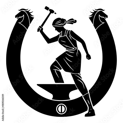 Female blacksmith hammering on anvil with horseshoe frame