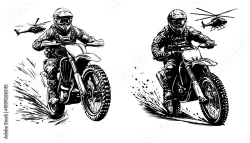 Soldiers riding military dirt bikes with helicopters overhead