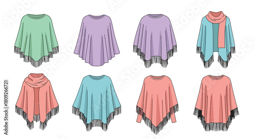 Variety of colorful women s poncho and wrap clothing items displayed in a grid