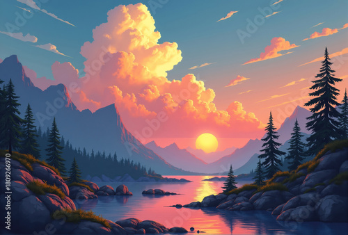 Wallpaper Mural Digital Painting of Sunset over Mountain Lake Torontodigital.ca