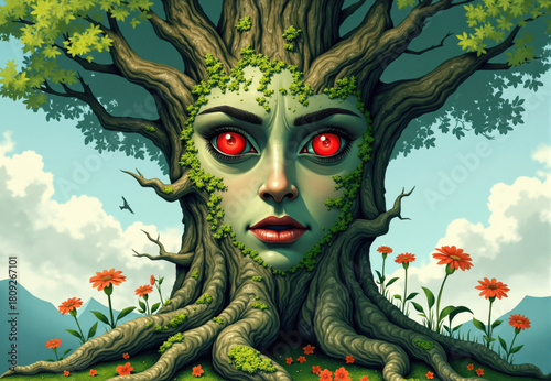 Wallpaper Mural Tree with Female Face and Orange Flowers Torontodigital.ca