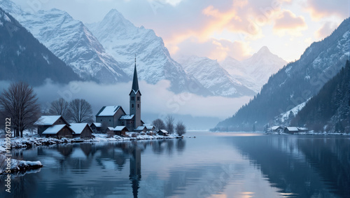 Wallpaper Mural Snow-Covered Village by Lake and Mountains at Dawn Torontodigital.ca