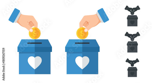Hands donating money into charity boxes with heart symbols depicted