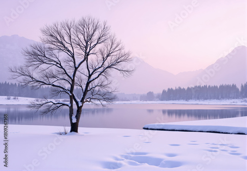 Wallpaper Mural Snow-Covered Tree by Lake at Dawn with Mountain Background Torontodigital.ca