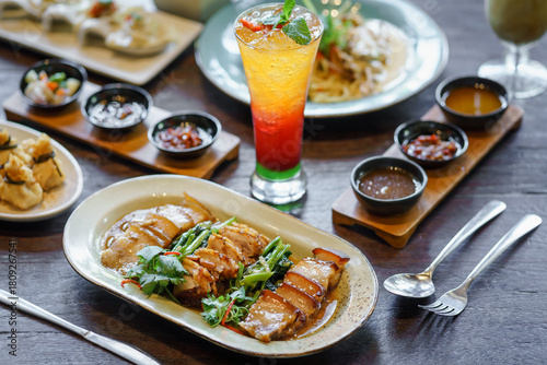 Crispy pork belly is served on the table.