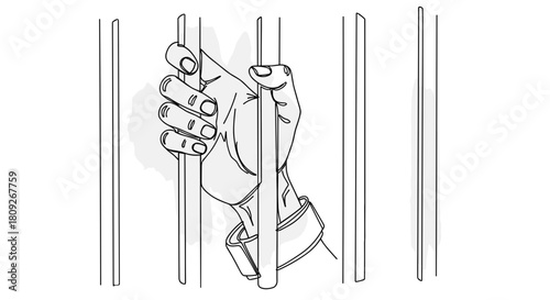 Hands holding prison bars jail cell crime and punishment concept one line minimalist illustration with watercolor fill, trendy vector.