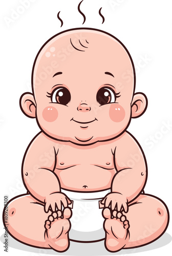 Cartoon baby, white diaper, expressive eyes, rosy cheeks, sitting pose, cute child, parenting theme, warm vibe, flat vector illustration