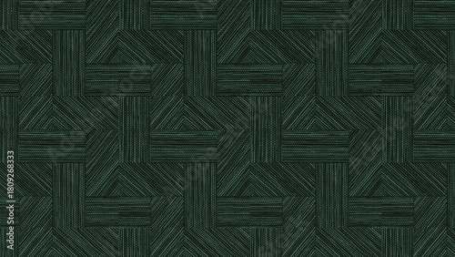 Seamless dark green interlocking geometric pattern with a linear brushed texture, ideal for sophisticated digital backgrounds and abstract surface design