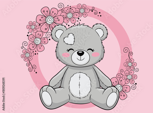 Cartoon teddy bear, stitched heart, pink floral wreath, rosy cheeks, smiling face, cute character, kids theme, flat vector illustration