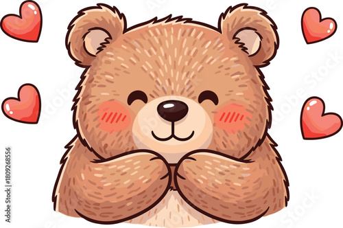 hugging bear, cartoon animal, love hearts, cute expression, emotional comfort, friendly character, kids theme, flat vector illustration