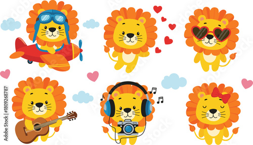 Cute cartoon lion characters in various activities, adorable animal mascot set, playful expressions, perfect for kids designs, flat vector illustration