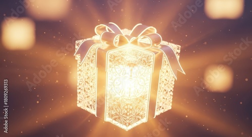 Radiant ornate container glows brightly surrounded by warm light and floating particles