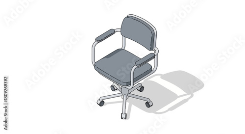 Modern office chair with wheels and armrests, isometric view.