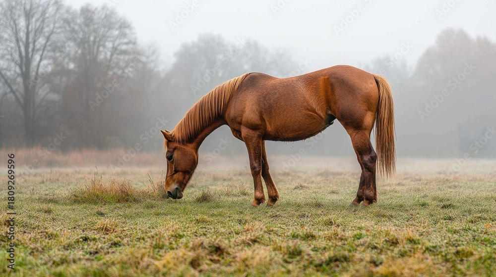 Obraz premium A grazing horse on misty field