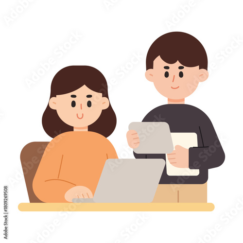 Flat cartoon illustration of office workers collaborating. Co-working and working space concept.