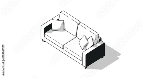 Isometric line art illustration of a comfortable two-seater sofa with throw pillows.