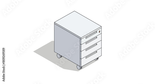 Isometric illustration of a modern mobile pedestal with four drawers and wheels.