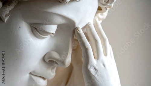 Marble statue detail; face with hand on temple, downcast eyes, smooth texture, neutral background, soft light