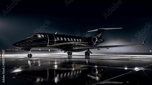 Sleek private jet parked on a glossy runway at night with dramatic lighting highlighting its luxury design and reflective wet tarmac surface
