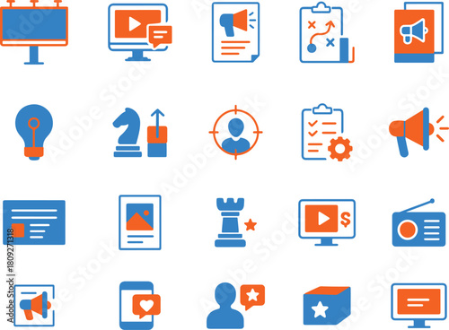 Marketing and advertising solid icons set isolated on white background digital marketing and business solution concept