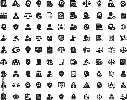 Set of 100 law and justice icons showing legal system concepts, criminal justice, and regulatory compliance