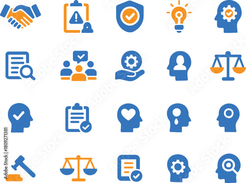 Set of 20 color law and justice icons showing legal system concepts and regulatory compliance