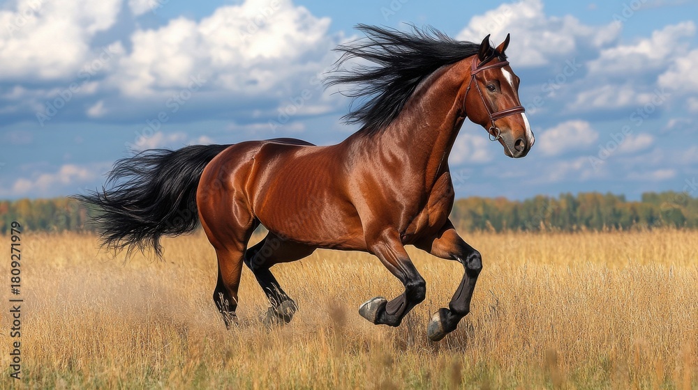 Fototapeta premium A wild stallion galloping in an open field