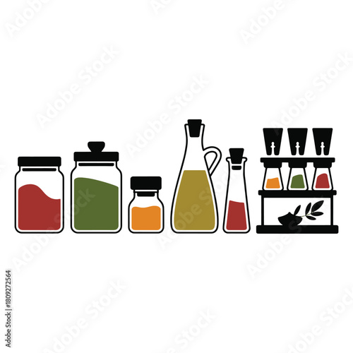 Collection of glass jars and bottles with colored liquids and a spice rack with small containers vector