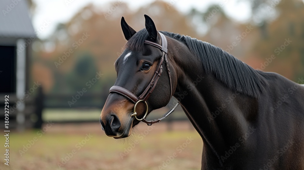 Obraz premium Close-up of a horse wearing leather halter 