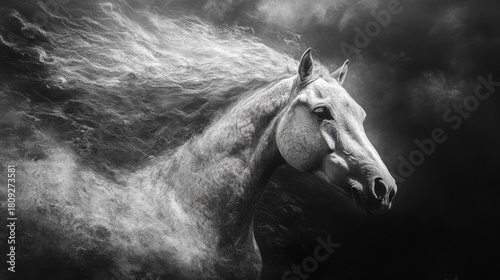 Close-up of horse with windblown mane in motion 